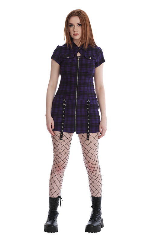 Banned Alternative Purple Tartan Night Zip Dress