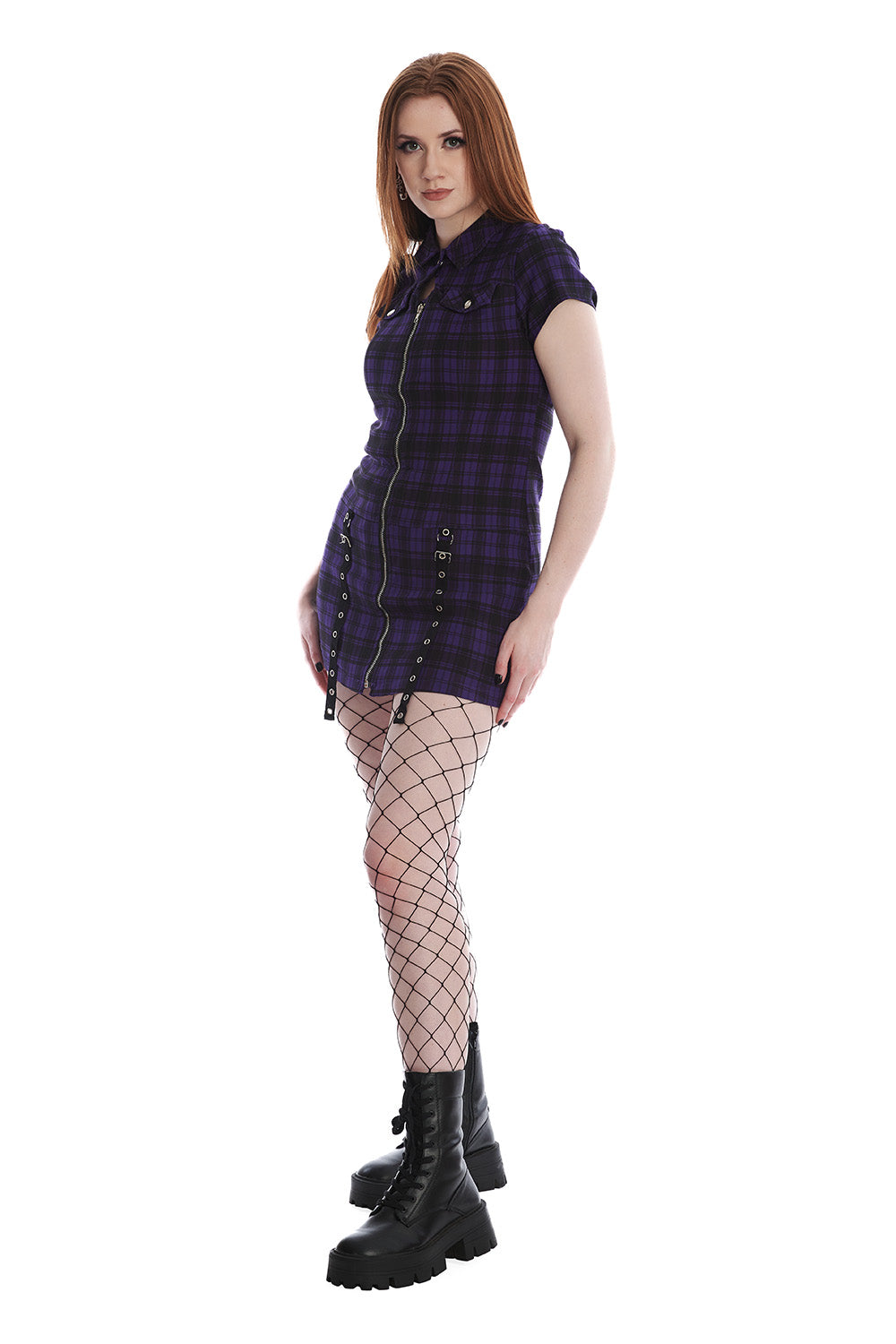 Banned Alternative Purple Tartan Night Zip Dress