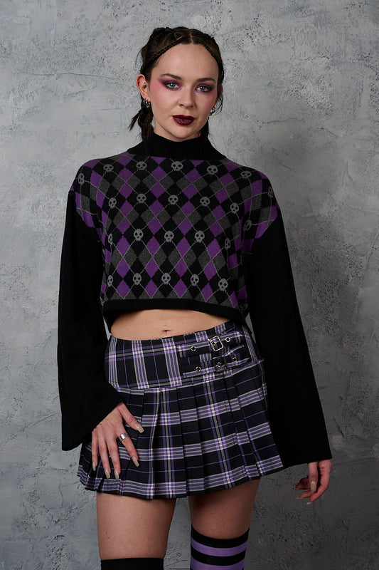 Banned Alternative Black/Purple Skull Argyle Crop Jumper