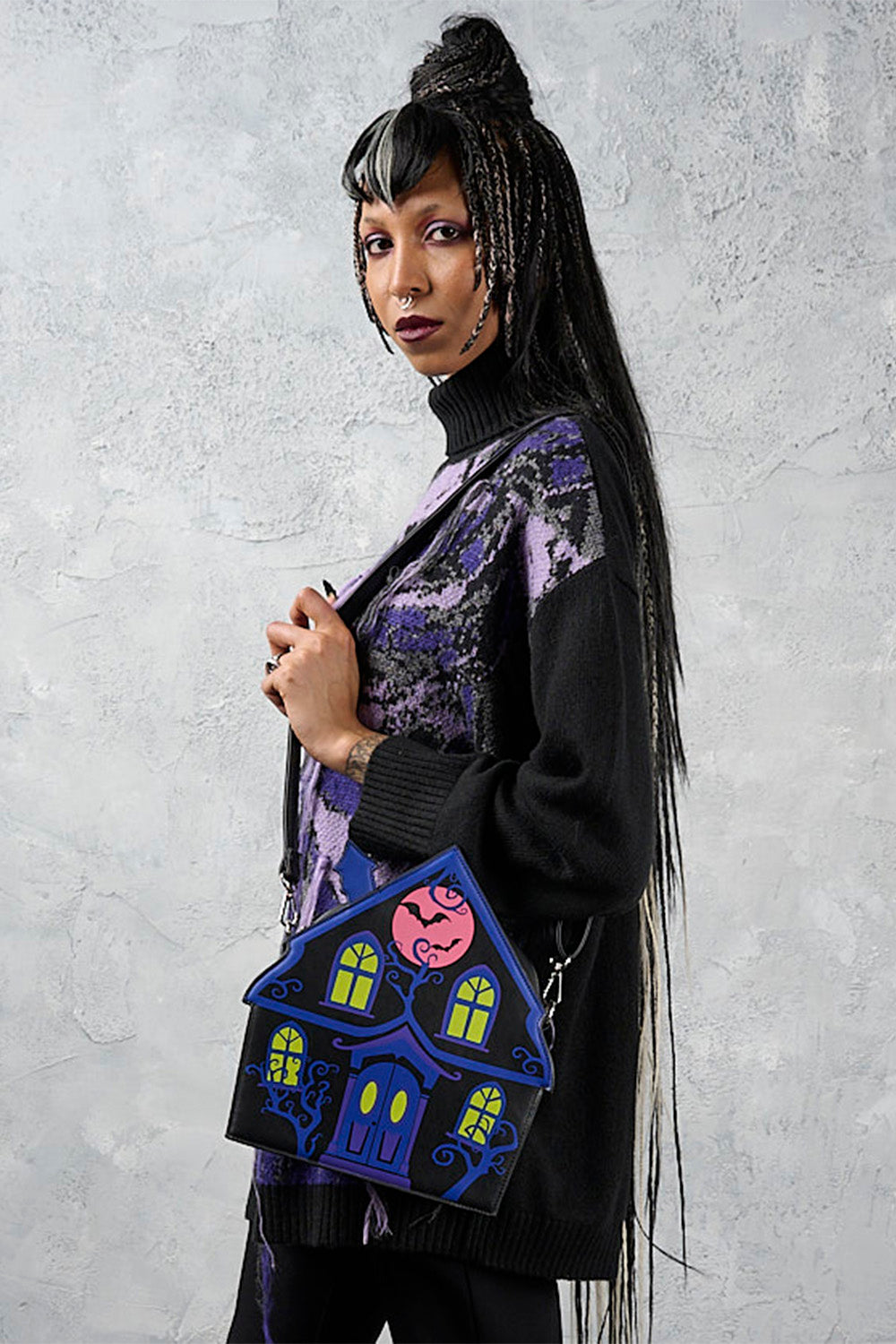 Banned Alternative Black/Purple Ghost House Crossbody Bag