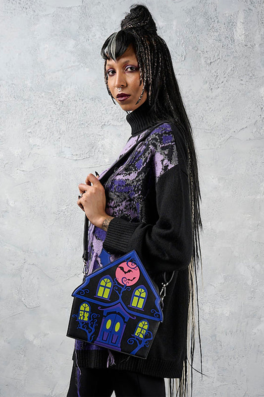 Banned Alternative Black/Purple Ghost House Crossbody Bag