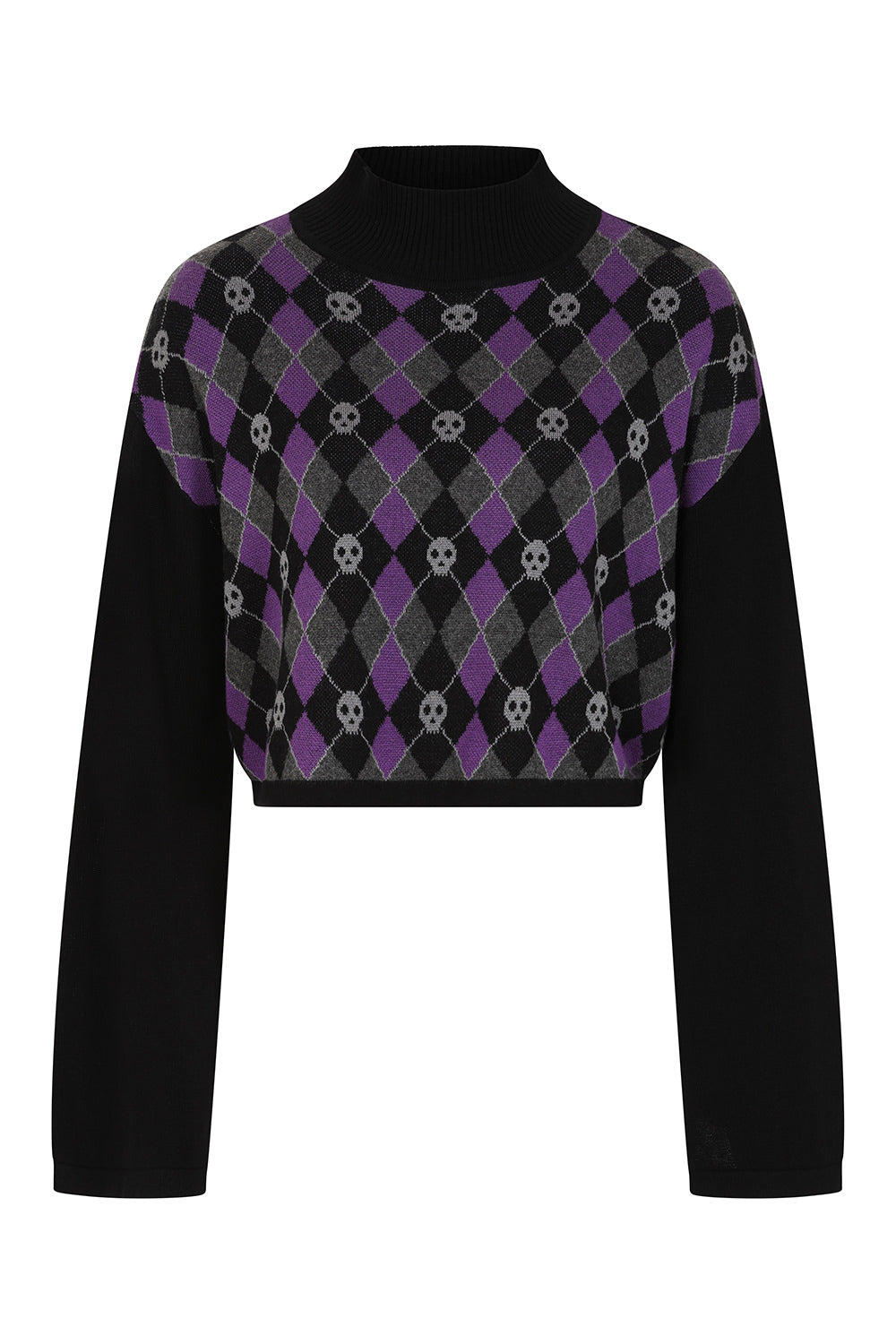 Banned Alternative Black/Purple Skull Argyle Crop Jumper