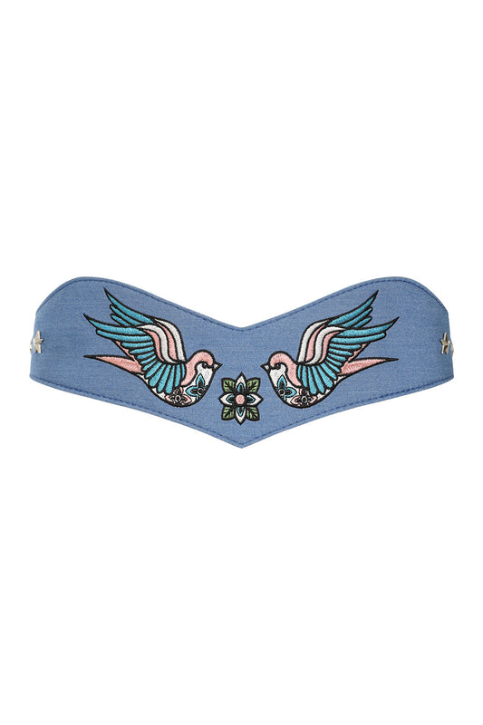 BANNED Marilou Swallow Belt   Retro Embroidered Denim Belt with Swallow Design