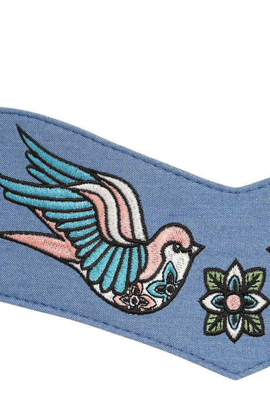 BANNED Marilou Swallow Belt   Retro Embroidered Denim Belt with Swallow Design