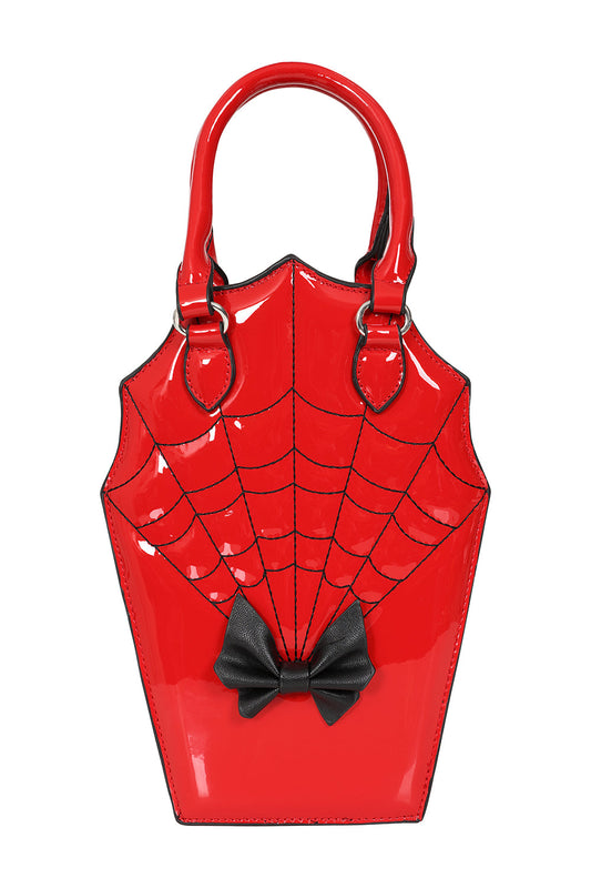 BANNED Ghoul Coffin Red Bag | Shimmer Quilted Gothic Handbag with Spider Web