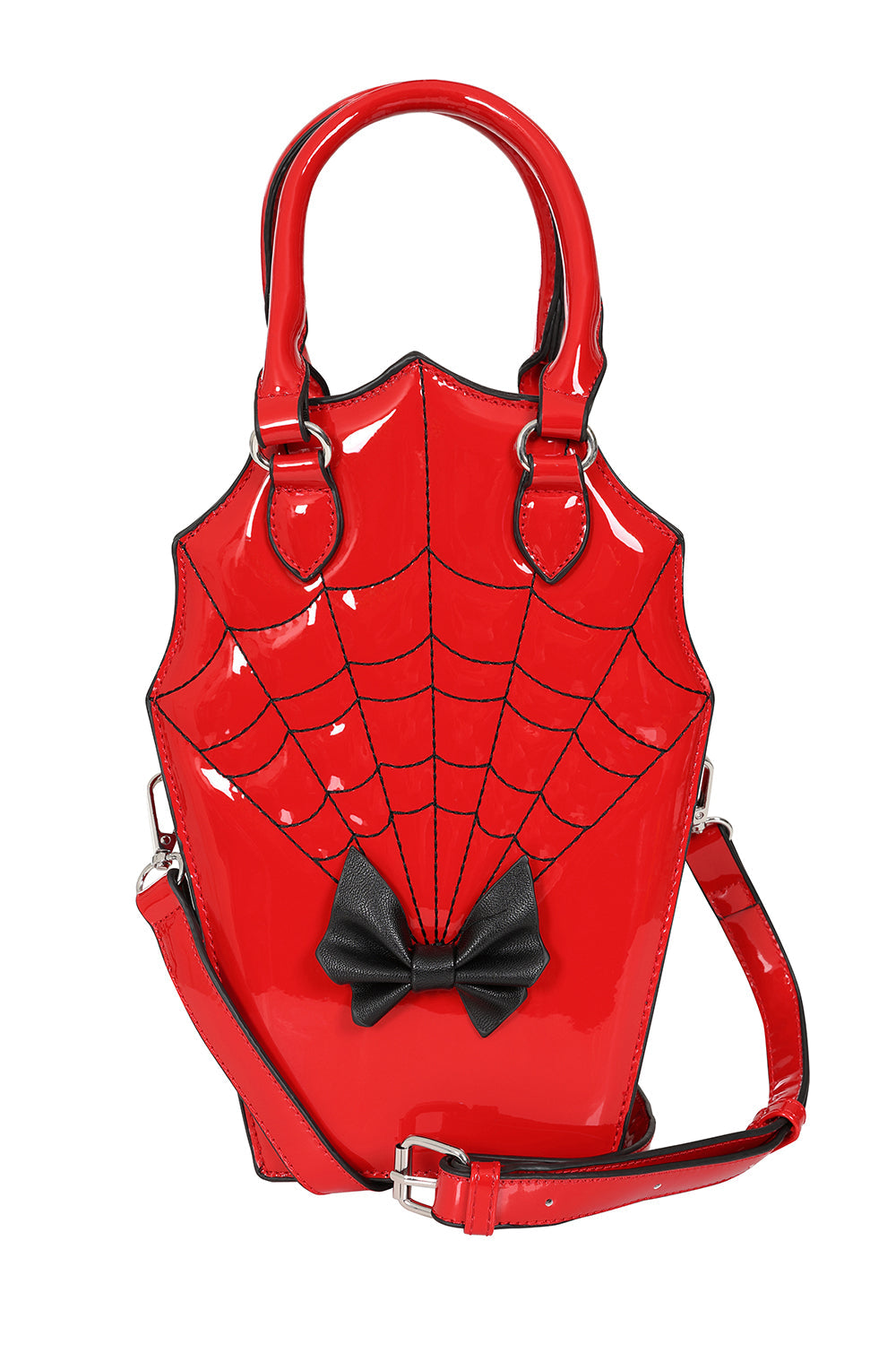 BANNED Ghoul Coffin Red Bag | Shimmer Quilted Gothic Handbag with Spider Web