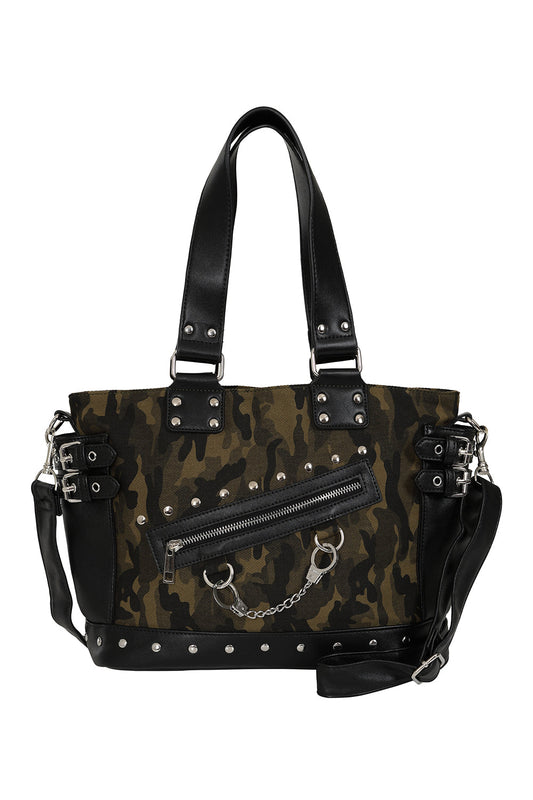 BANNED Hellbound Wish Camo Shoulder Bag | Edgy Handcuff Canvas Handbag