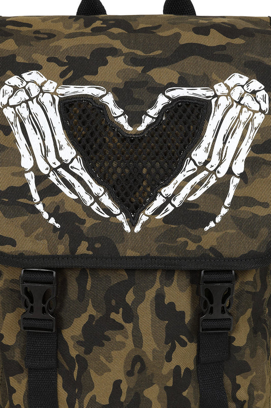 BANNED Darkest Love Skeleton Heart Backpack | Camo Gothic School Bag