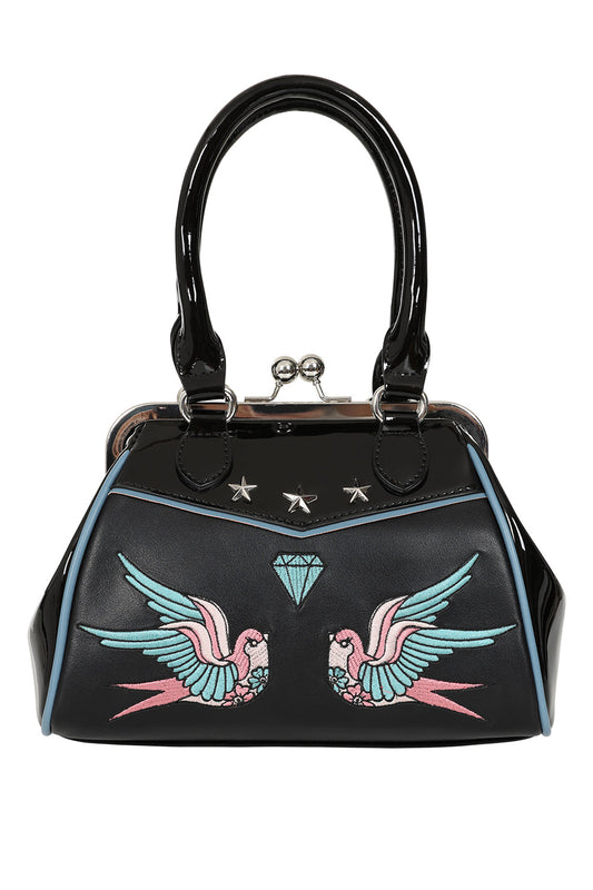 BANNED The Swallows Return Lacquer Handbag | Rockabilly Embroidered Style