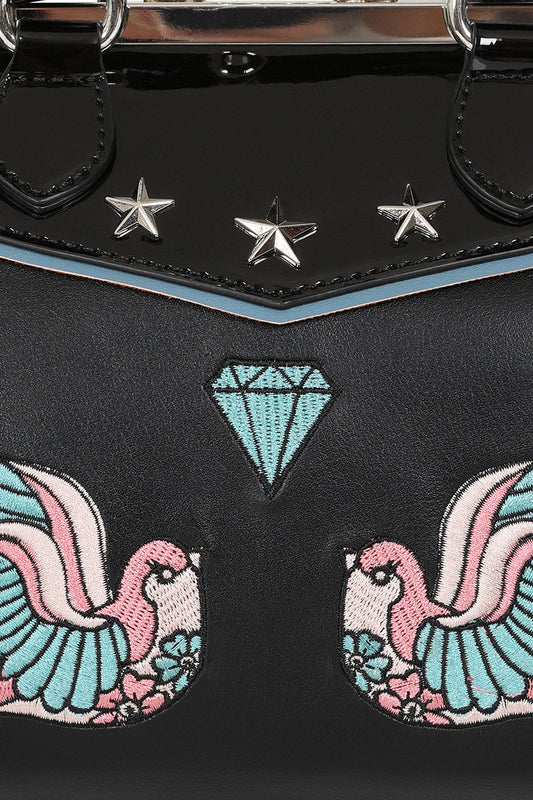 BANNED The Swallows Return Lacquer Handbag | Rockabilly Embroidered Style