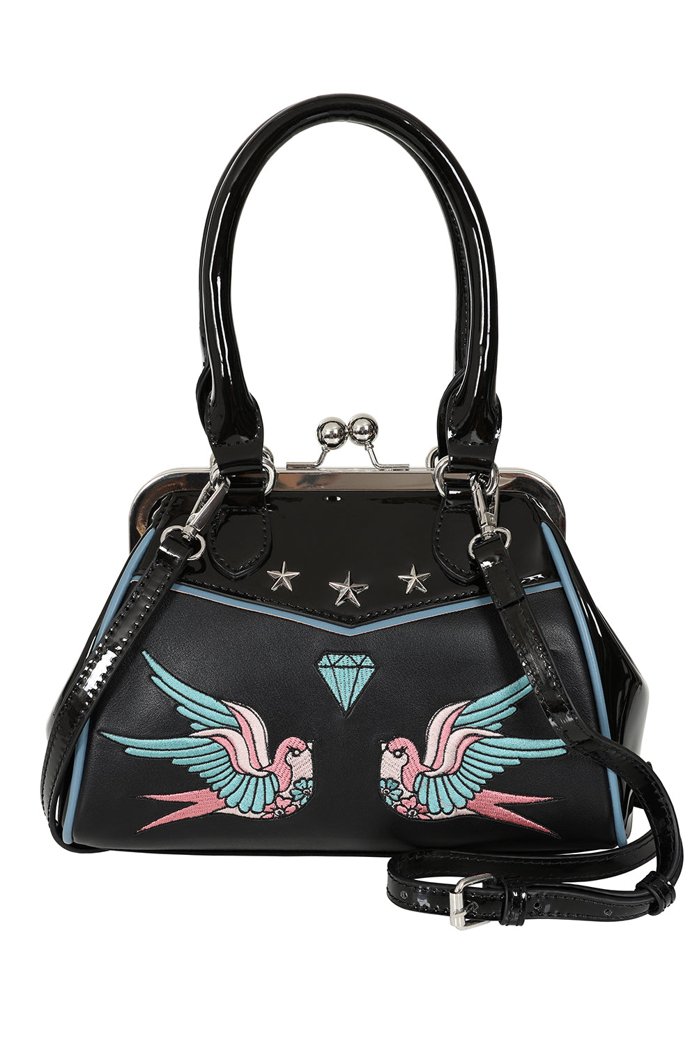 BANNED The Swallows Return Lacquer Handbag | Rockabilly Embroidered Style