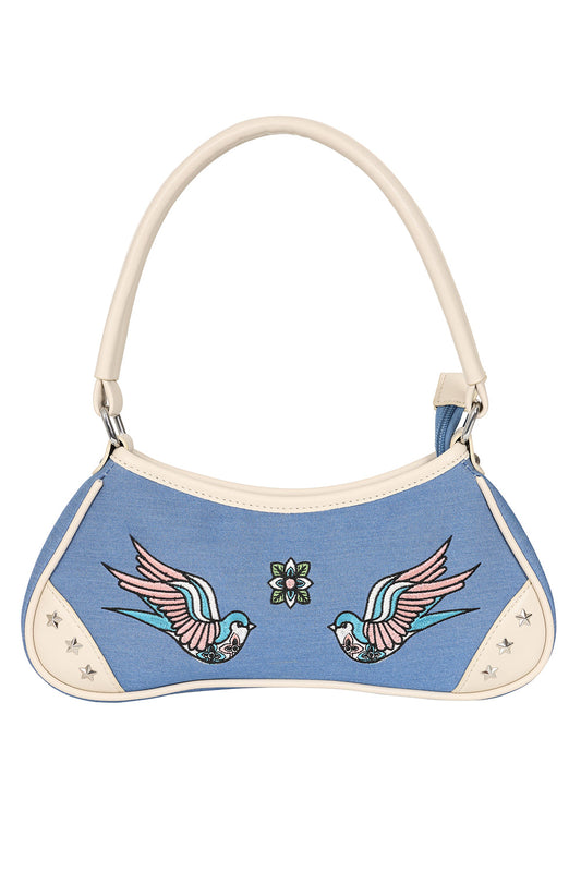 BANNED Marilou Swallow Denim Handbag | Rockabilly Embroidered Style