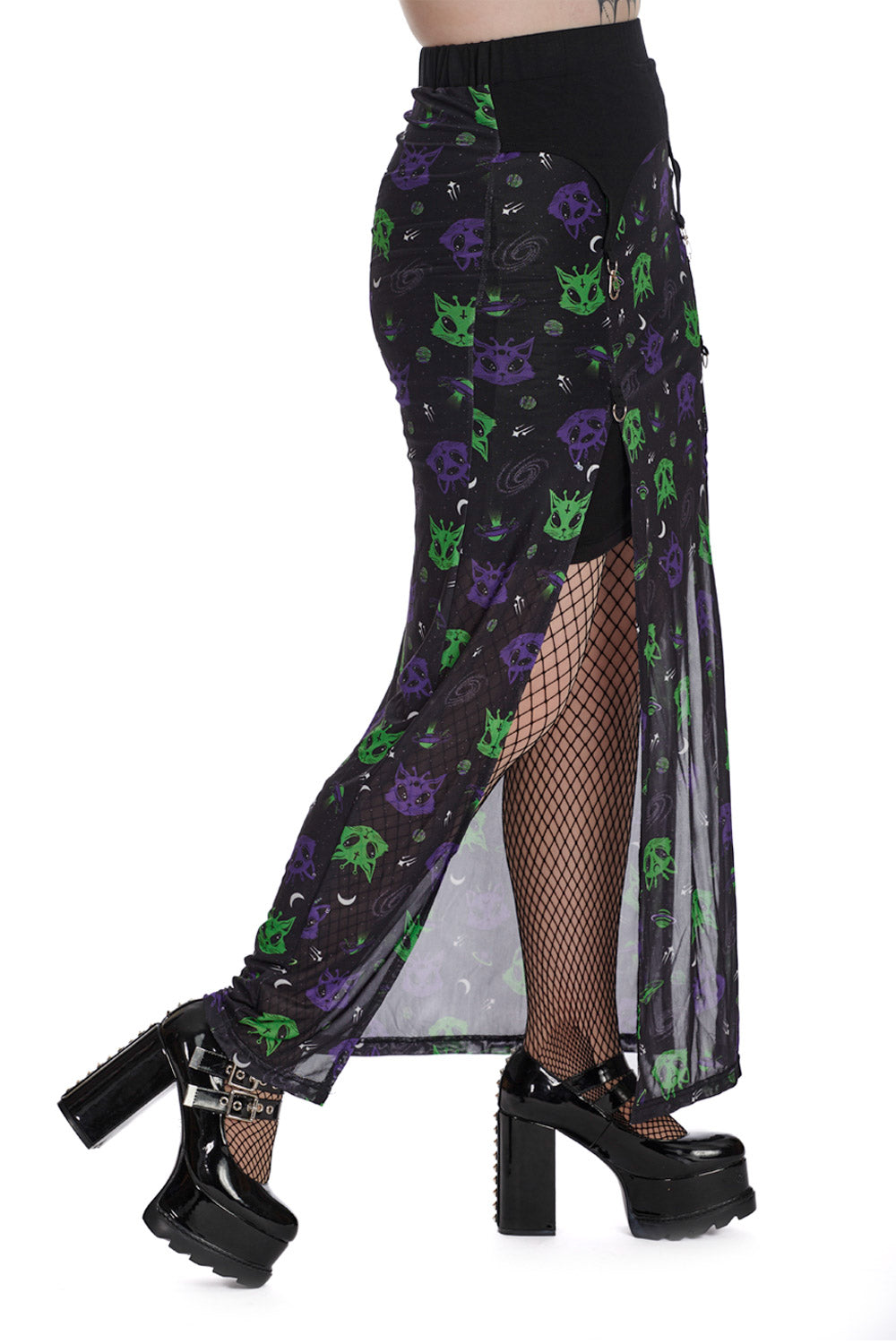 Banned Alternative ALIEN SPACE CAT MESH SLIT SKIRT