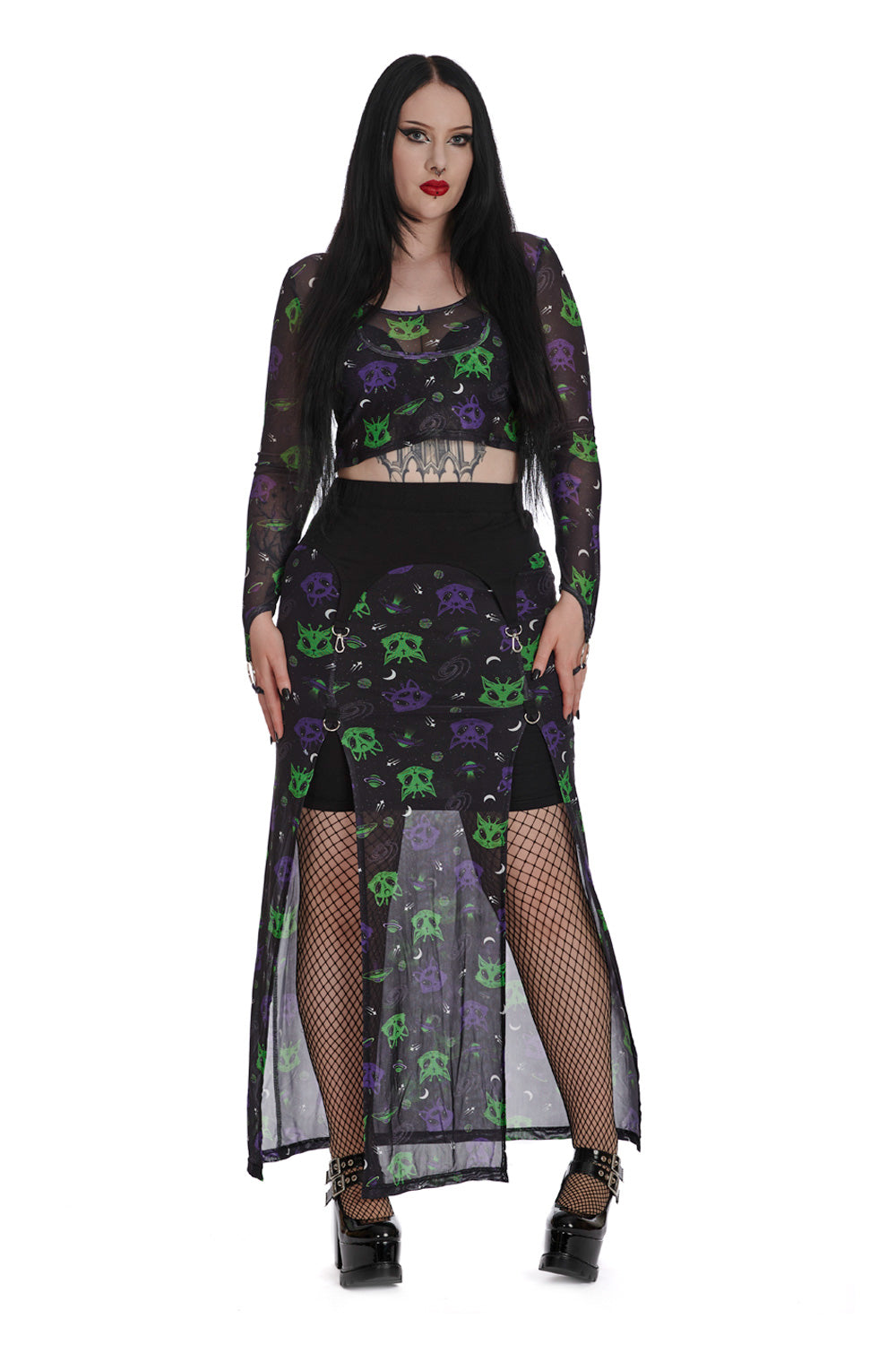 Banned Alternative ALIEN SPACE CAT MESH SLIT SKIRT