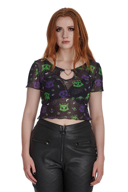 Banned Alternative ALIEN SPACE CAT MESH CUT-OUT TOP