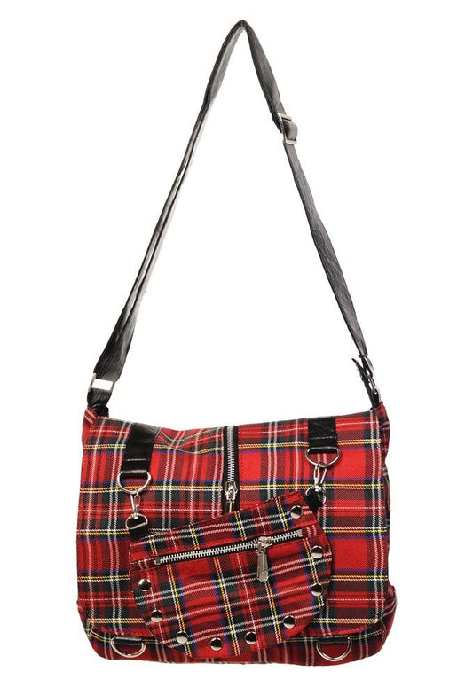 Red tartan over the shoulder handbag with pouch