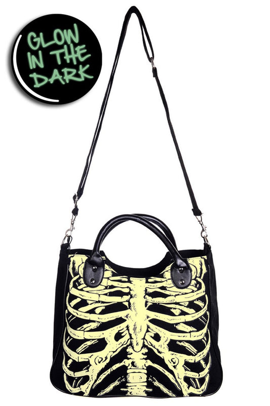 Long strapped shoulder handbag with glow in the dark ribcage skeleton print.