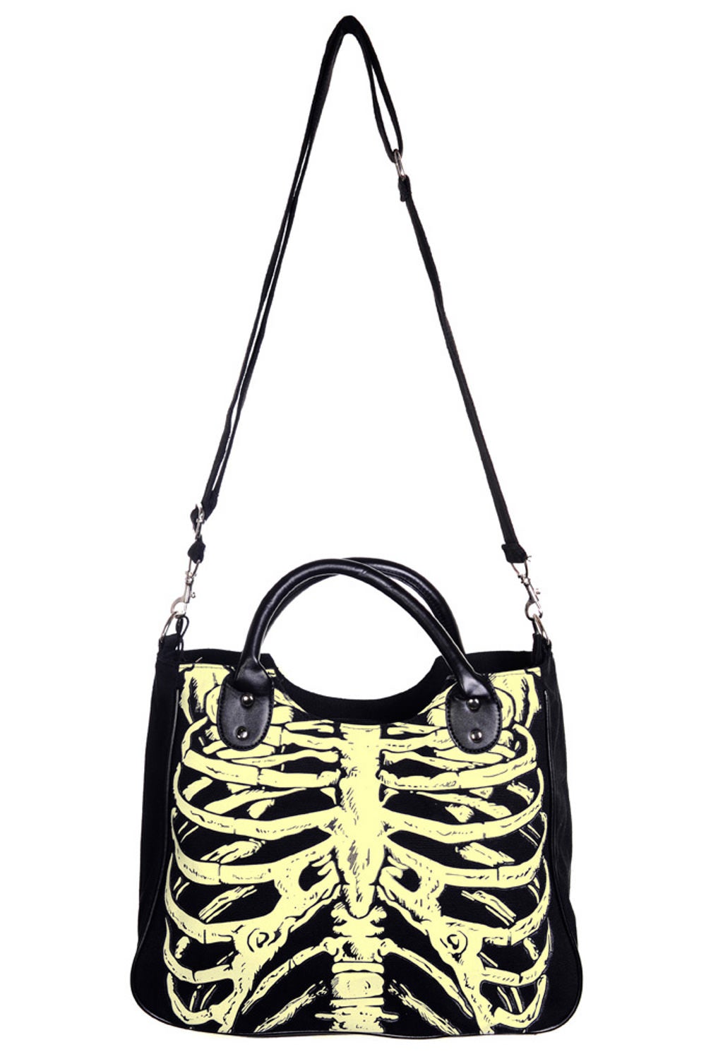 Long strapped shoulder handbag with glow in the dark ribcage skeleton print. 