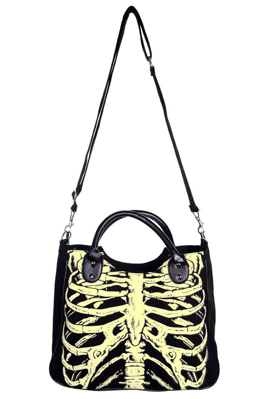 Long strapped shoulder handbag with glow in the dark ribcage skeleton print.