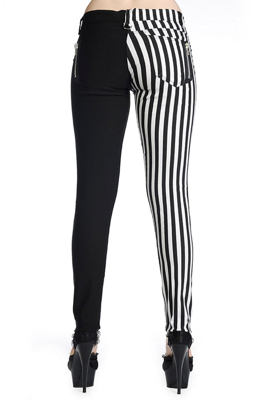 Half striped and half black low rise trousers. 