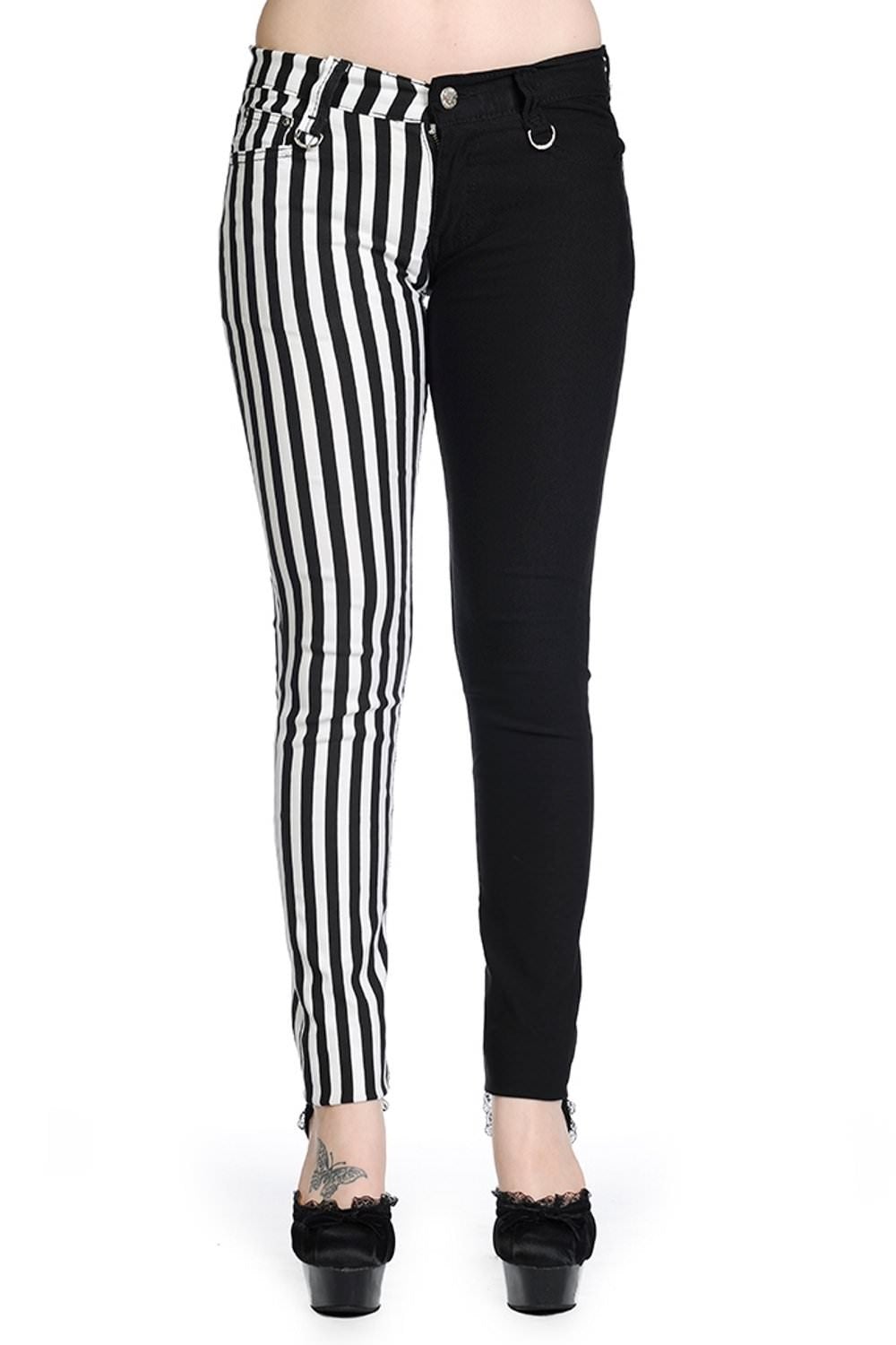 Half striped and half black low rise trousers. 