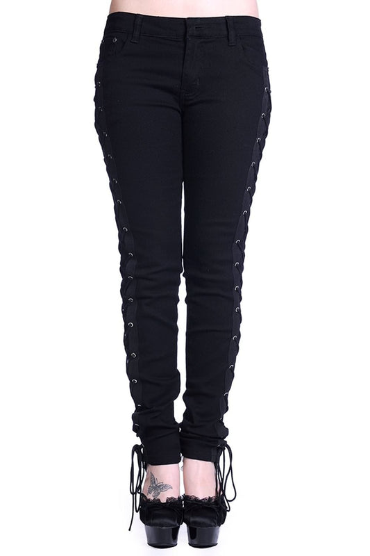 Low rise black jeans with corset side details 