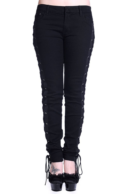 Low rise black jeans with corset side details