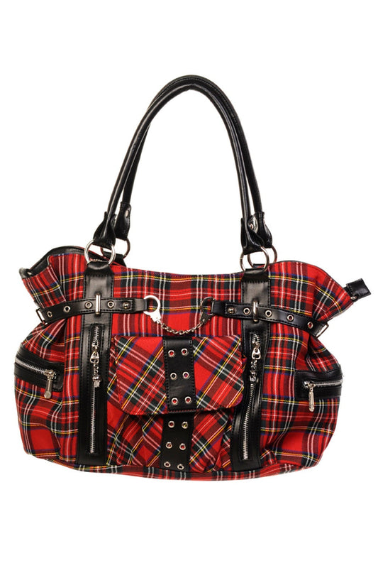 Red tartan shoulder handbag with small handcuff detail