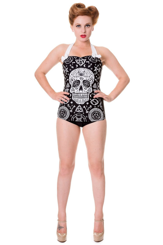 Banned Alternative Black Skull Pentagram Swimsuit