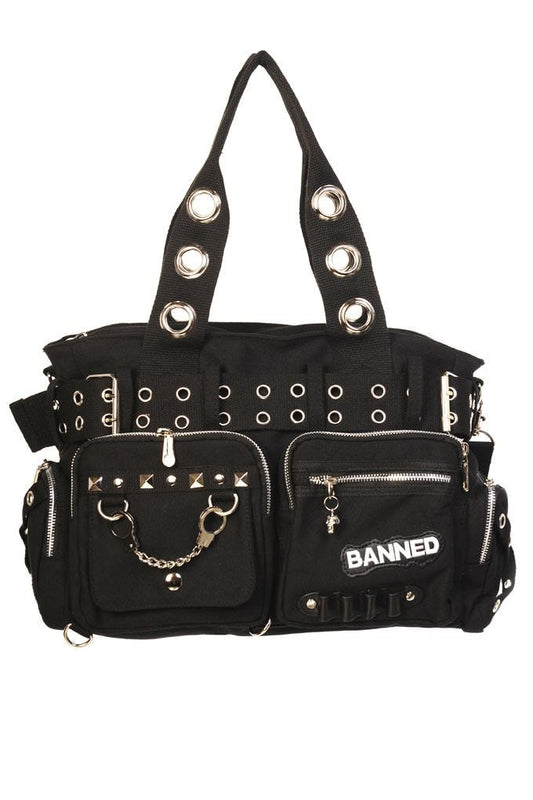 Black shoulder handbag with studs, handcuff charm and banned embroidered into pouch.