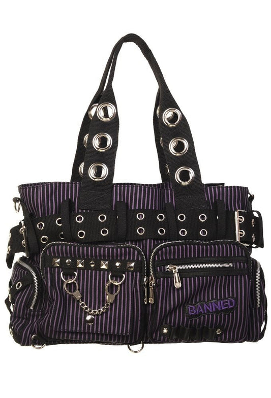Black and purple stripe shoulder handbag with studs, handcuff charm and banned embroidered into pouch. 