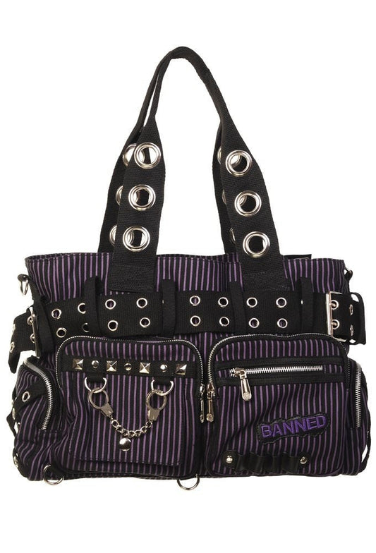 Black and purple stripe shoulder handbag with studs, handcuff charm and banned embroidered into pouch.