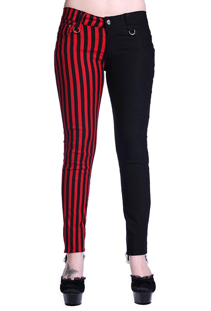 Half red striped and half black low rise trousers. 