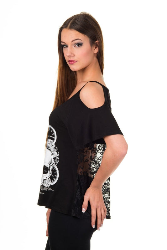 Banned Alternative Skull and Pocket Watch Lace Back T-Shirt