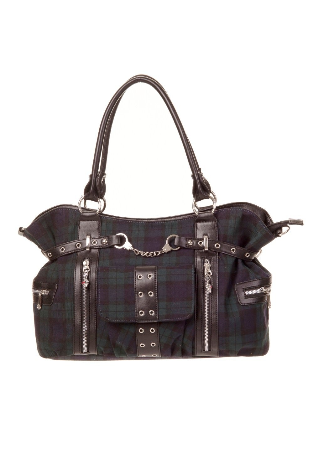 Green tartan shoulder handbag with small handcuff detail