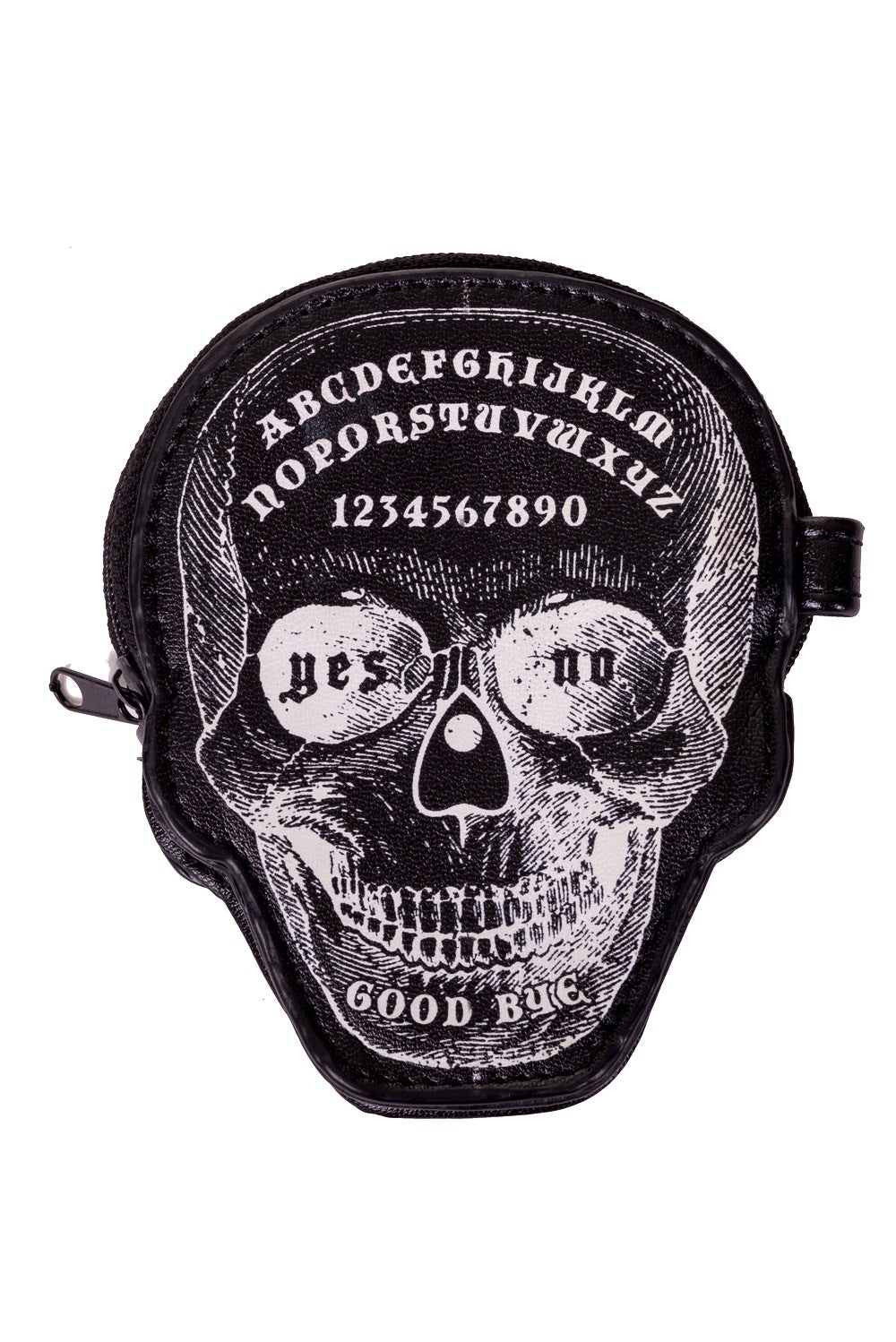Skull shaped mini coin purse with skull print and ouija details. 