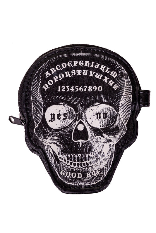 Skull shaped mini coin purse with skull print and ouija details.