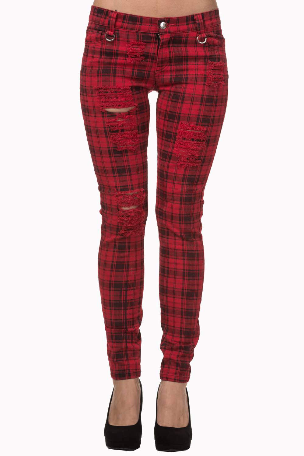 Red tartan check trousers low rise with rips. 