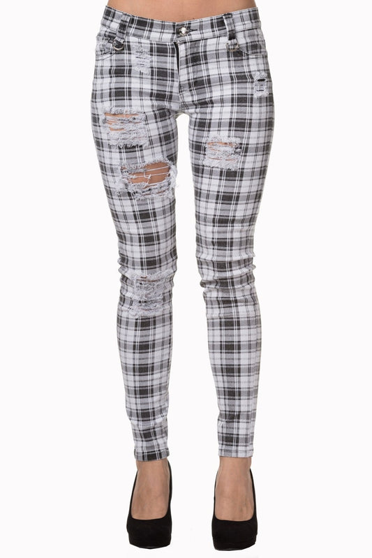Black and white tartan check trousers low rise with rips. 