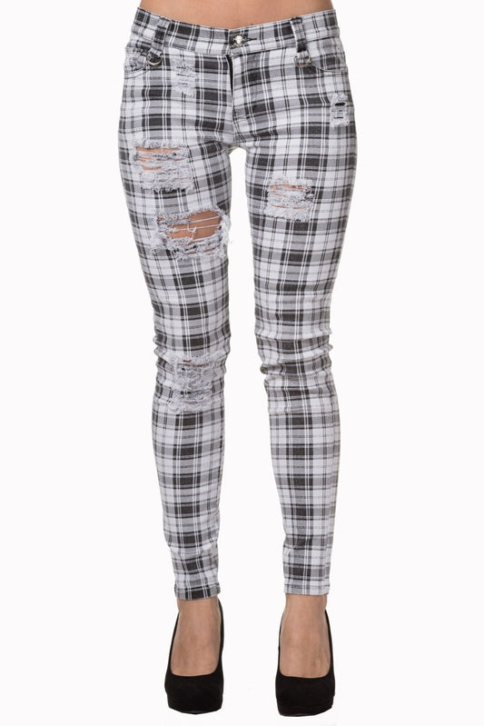Black and white tartan check trousers low rise with rips.
