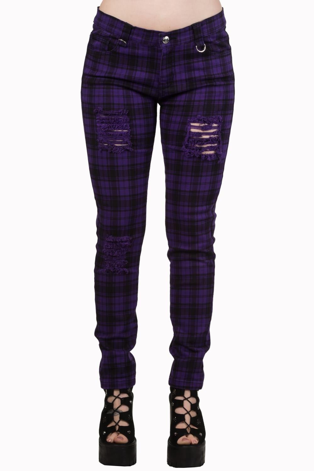 Purple tartan check trousers low rise with rips. 