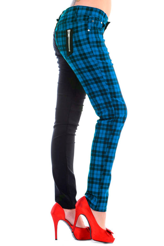 Blue tartan check trousers with one leg black, low rise. 