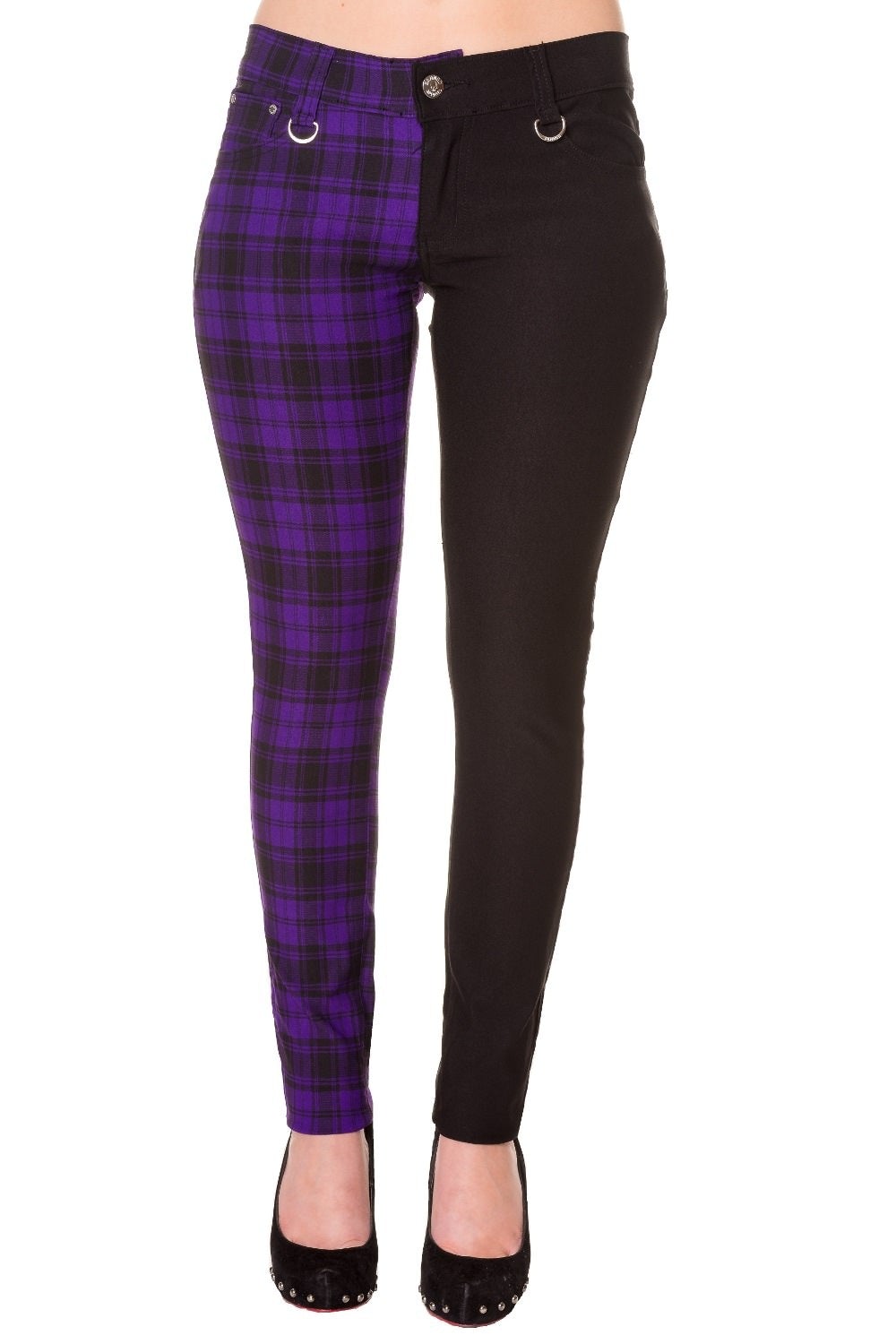 Purple tartan check trousers with one leg black, low rise. 