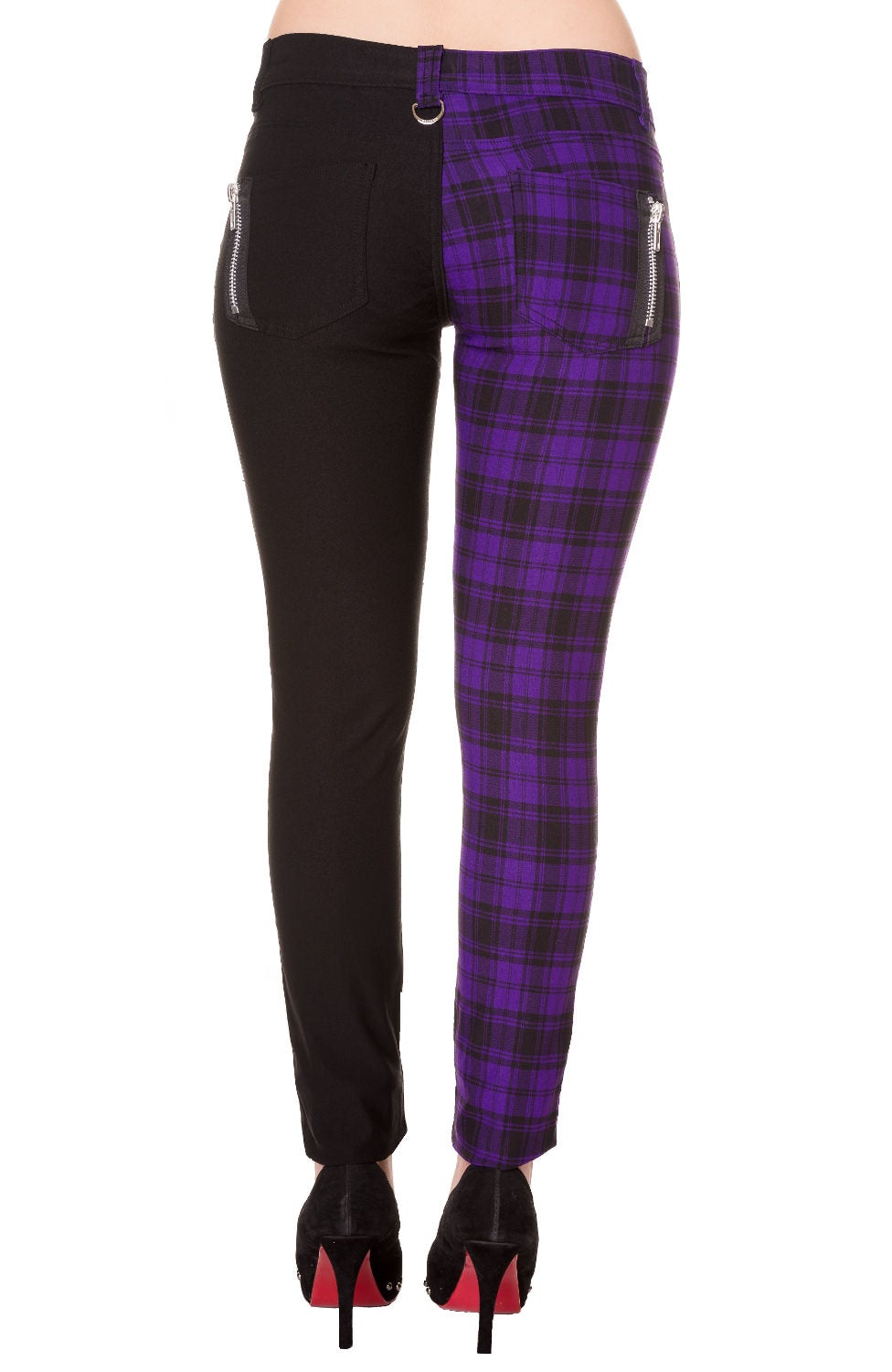 Purple tartan check trousers with one leg black, low rise. 
