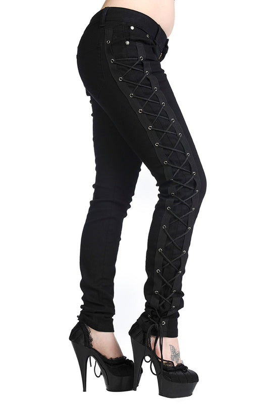 Low rise black jeans with corset side details