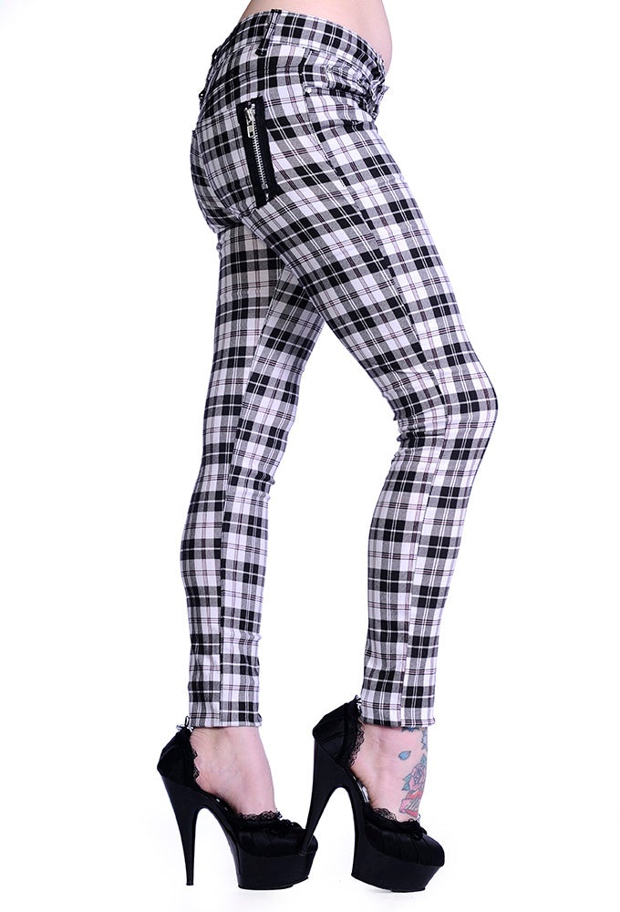 Black and white tartan check trousers low rise. 