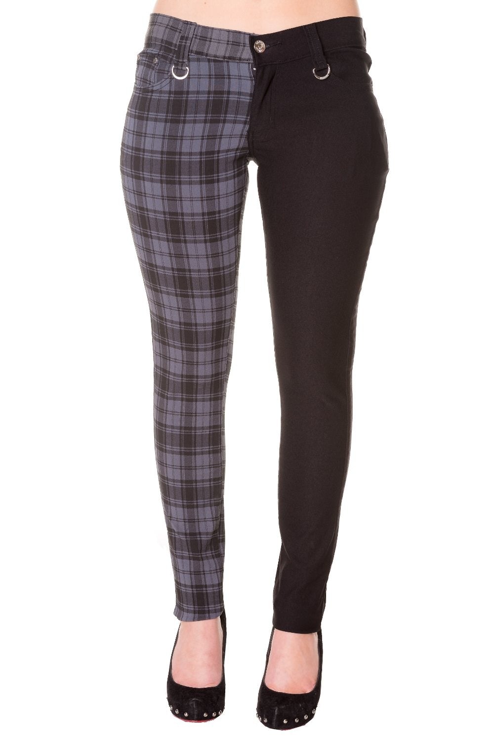 Grey tartan check trousers with one leg black, low rise. 