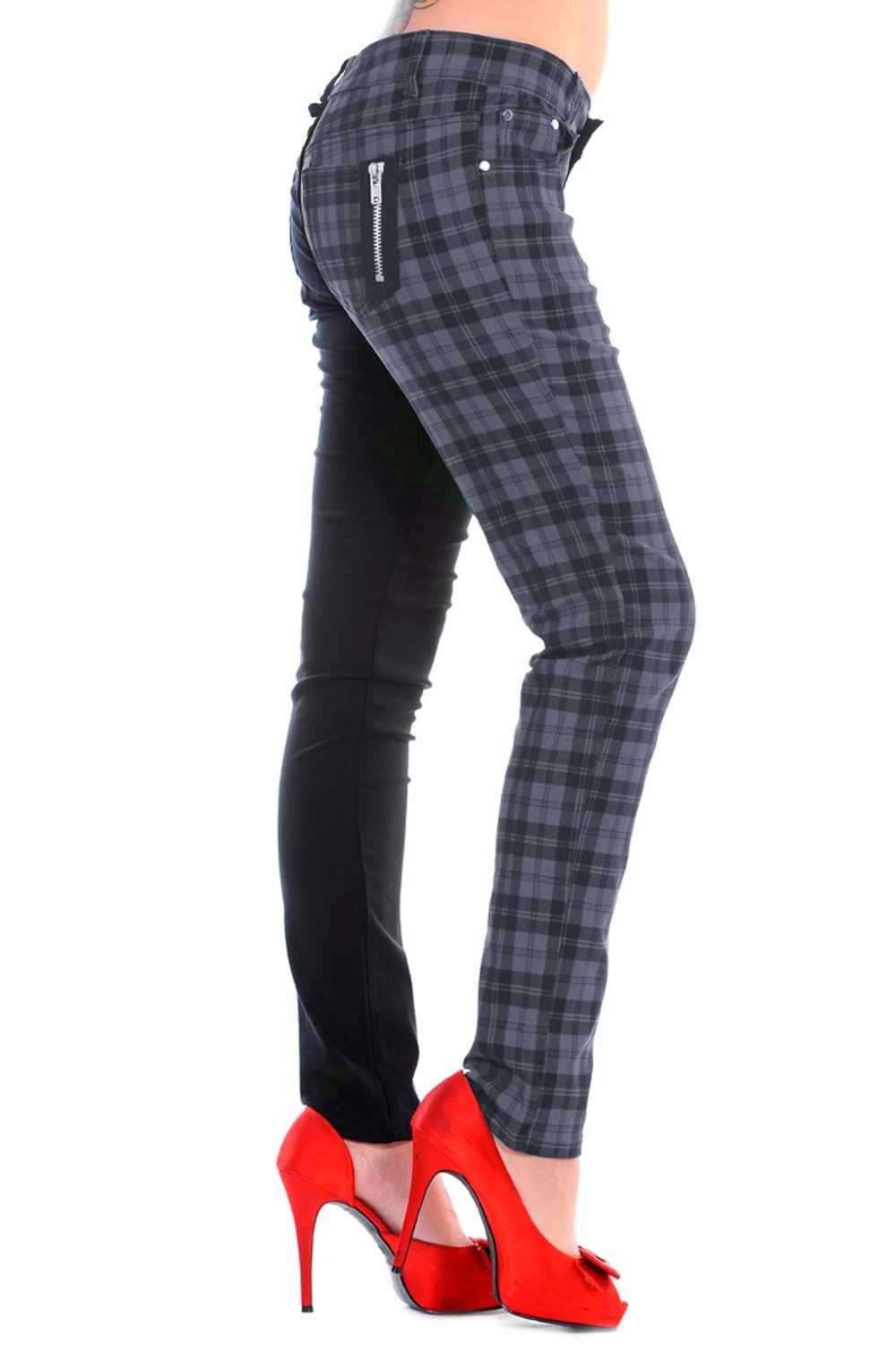 Grey tartan check trousers with one leg black, low rise. 