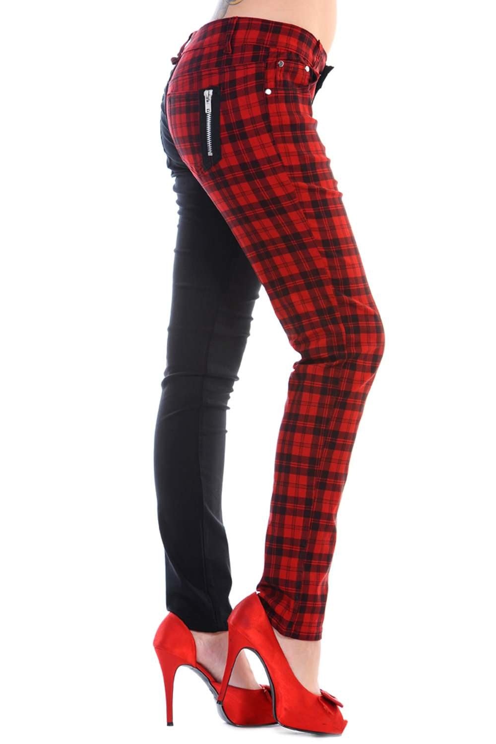 Red tartan check trousers with one leg black, low rise. 
