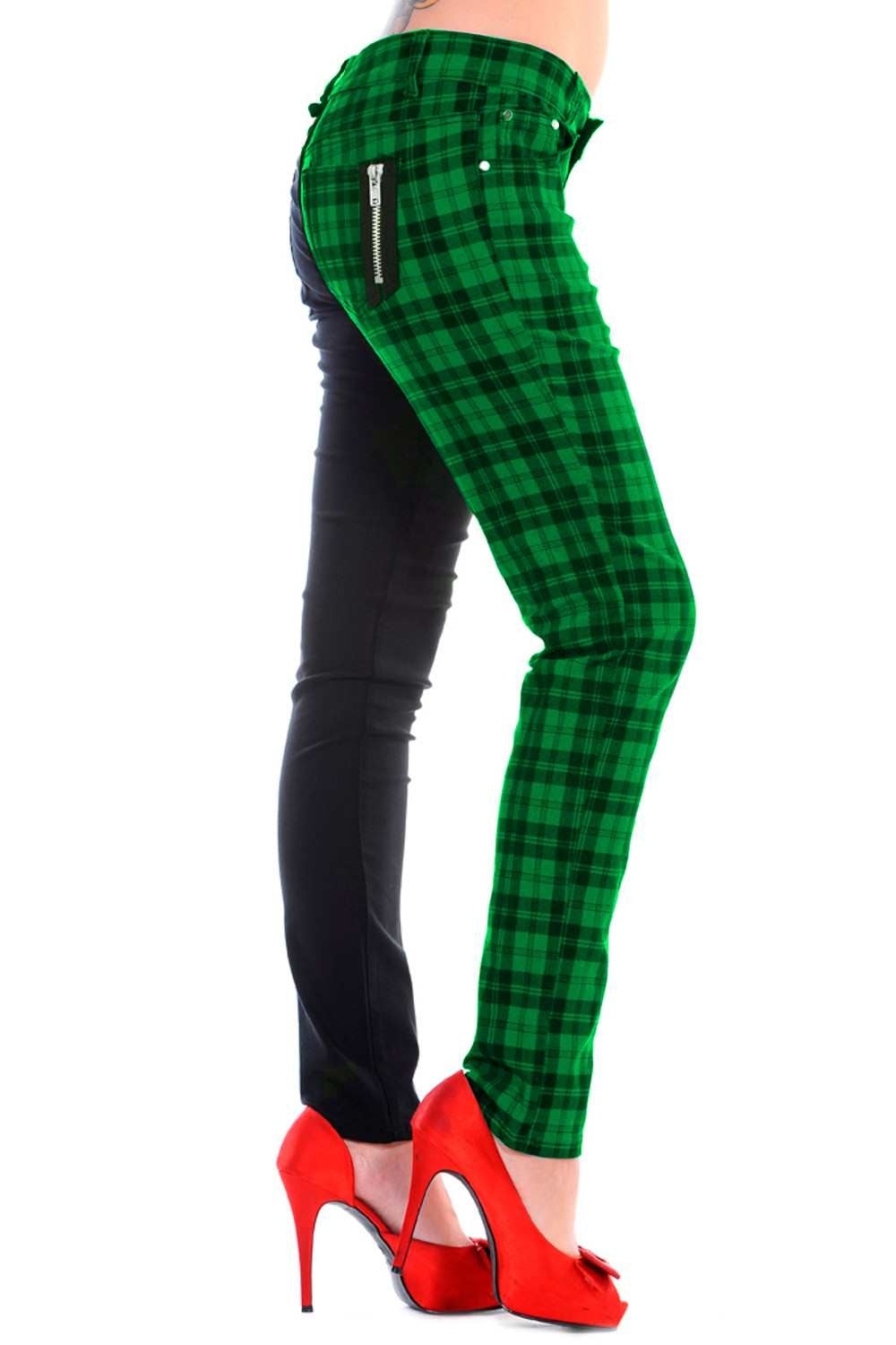 Green tartan check trousers with one leg black, low rise. 